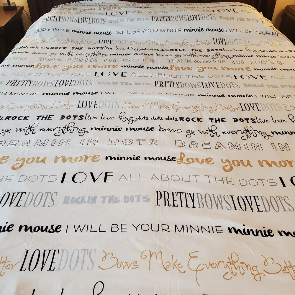 Disney Minnie Mouse Twin Flat Sheet White Gold Black Rock The Dots Typography